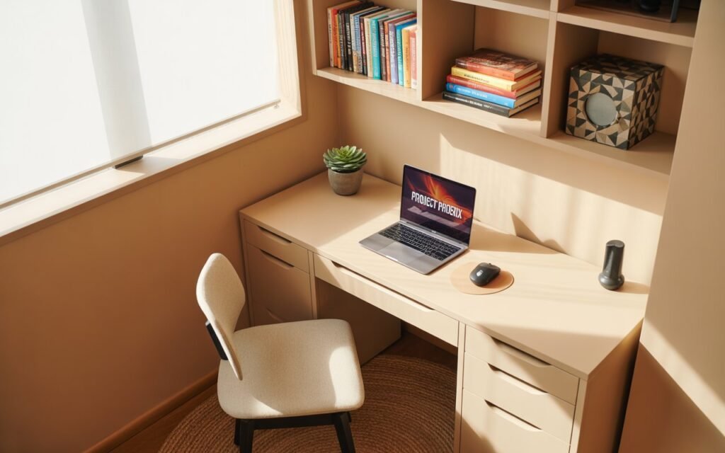 Bright home office with minimalist desk setup in a small room.