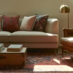 Tastefully decorated lounge with vintage-style cushions and wood table.