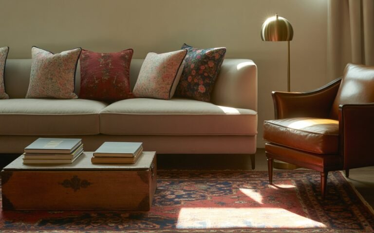 Tastefully decorated lounge with vintage-style cushions and wood table.