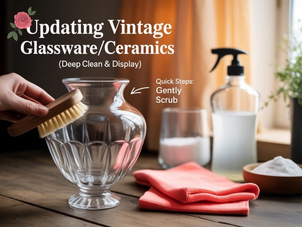 Hands cleaning vintage glassware with gentle scrub and soap.