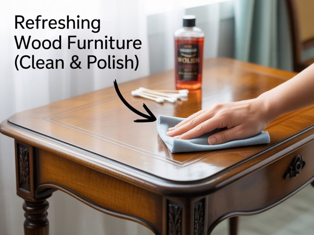 Close-up of wood furniture being cleaned and polished with cloth.