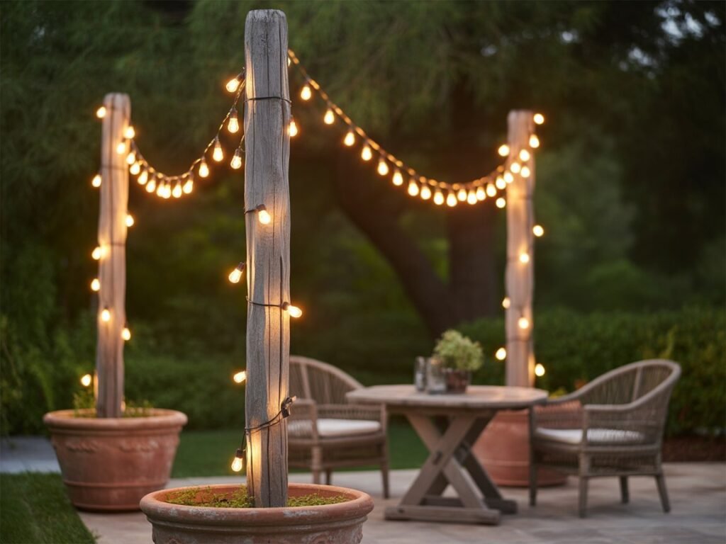 Tall wooden poles strung with glowing lights at dusk