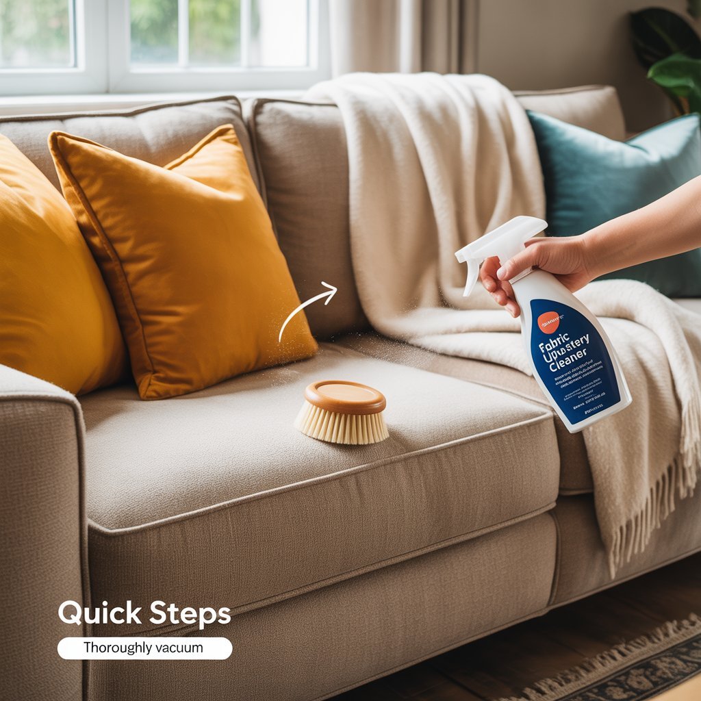 Cozy modern sofa with vintage-inspired throw pillows and wood cleaner.