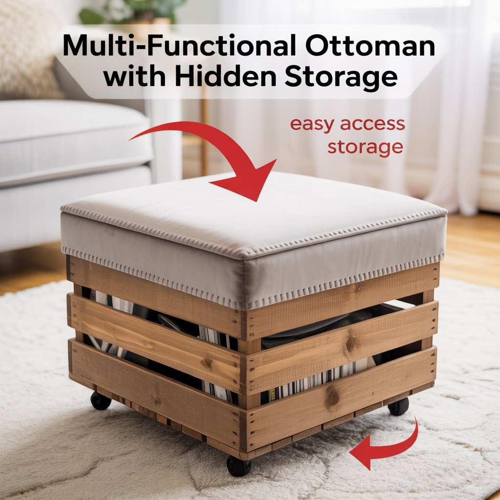 A multi-functional ottoman with hidden storage, used for seating and storing items in small spaces.