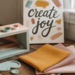 A vibrant DIY display with painted boxes, cozy decor, and a "Create Joy" sign.