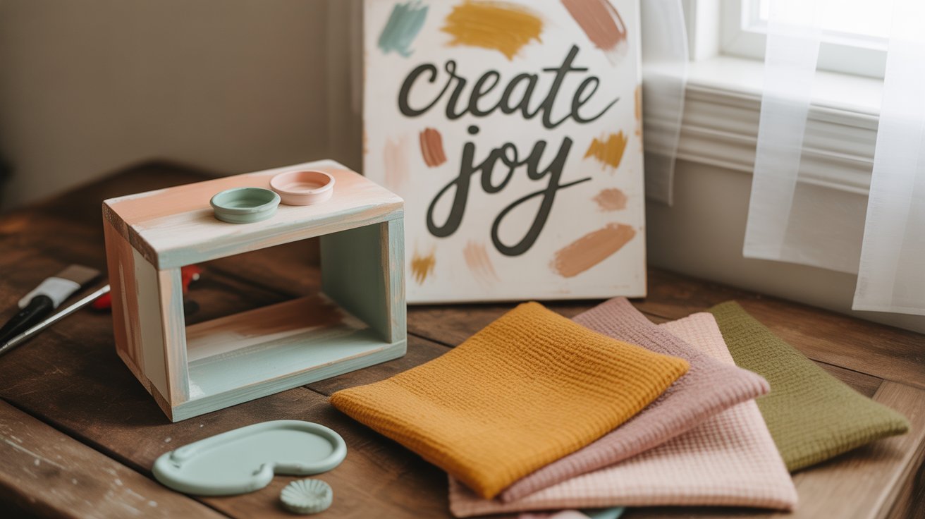 A vibrant DIY display with painted boxes, cozy decor, and a "Create Joy" sign.
