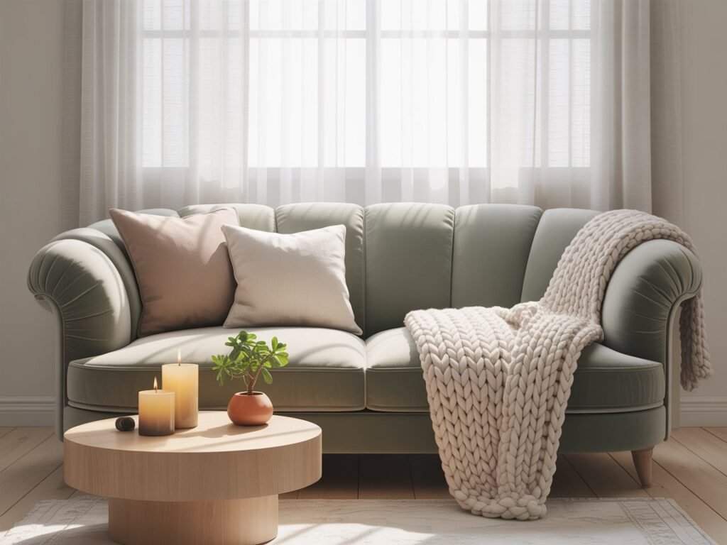 Light-filled living room with green sofa and wood accents