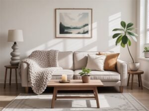 Layered neutral sofa, throw, and art in a softly lit room
