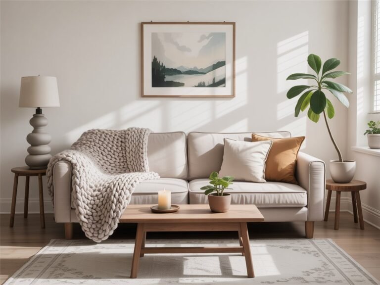 Layered neutral sofa, throw, and art in a softly lit room