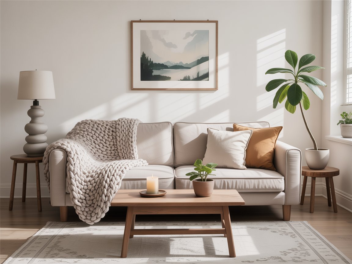 Layered neutral sofa, throw, and art in a softly lit room