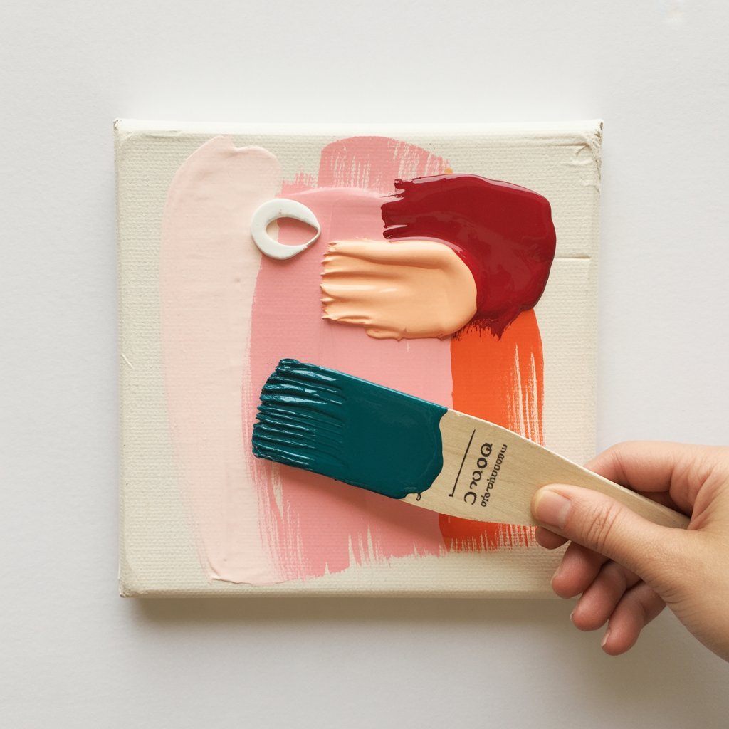 Hand painting bold, colorful paint swatches on a canvas using a wide brush.