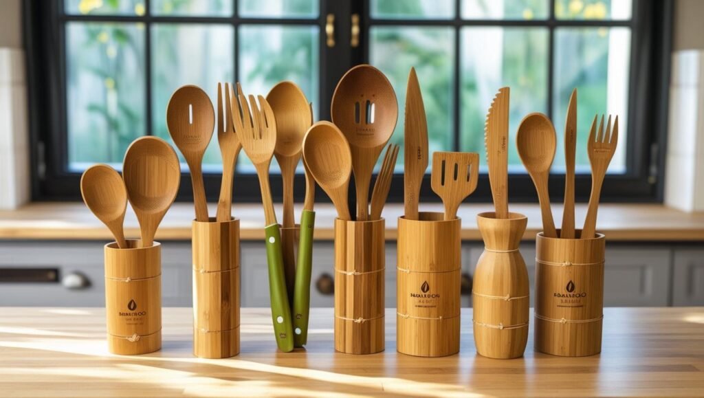 Eco-Friendly Bamboo Kitchenware Set Set of eco-friendly bamboo kitchen utensils arranged on a kitchen counter.