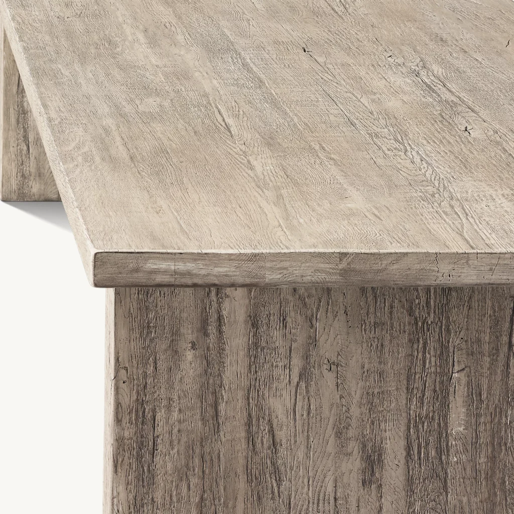 Rustic reclaimed wood dining table, perfect for eco-friendly and stylish dining spaces.