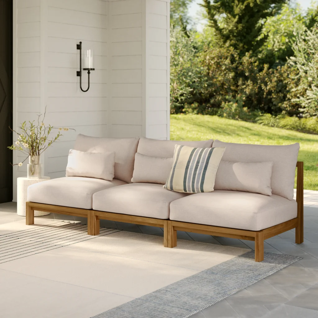 Modern sofa on patio under natural light