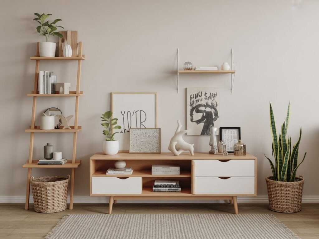 Thoughtfully grouped minimalist shelf decor