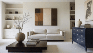 A modern living room with a light sofa, dark wood coffee table, and large abstract paintings.