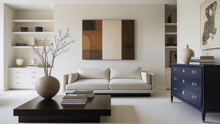 A modern living room with a light sofa, dark wood coffee table, and large abstract paintings.