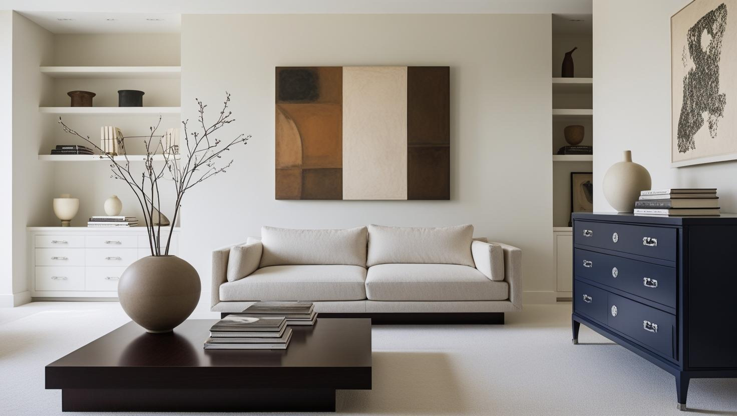 A modern living room with a light sofa, dark wood coffee table, and large abstract paintings.