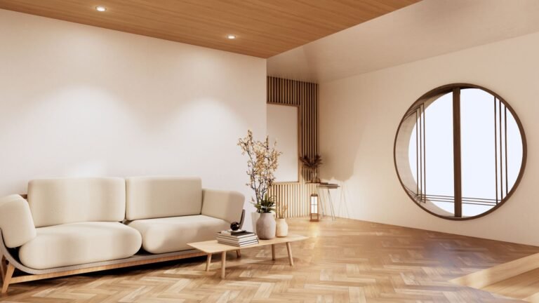Japandi living room with luxury wood flooring and neutral sofa
