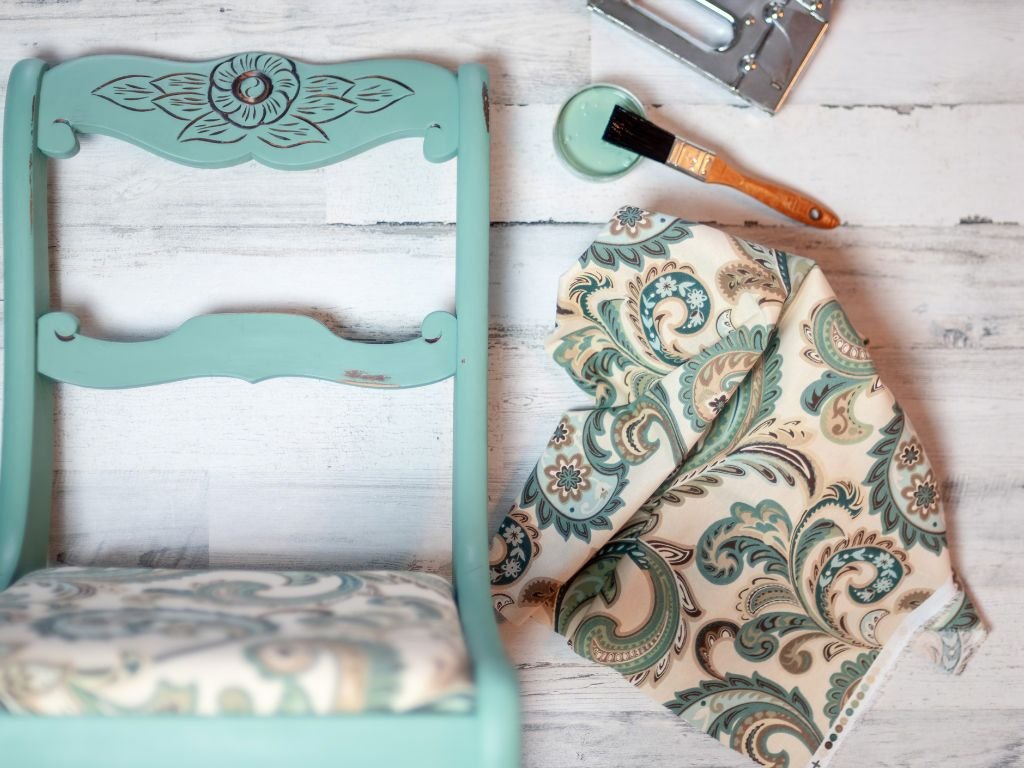 Restored chair with patterned cushion in progress