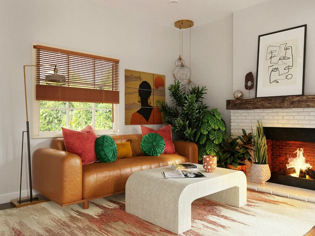 Modern living room with colorful pillows and autumn accents