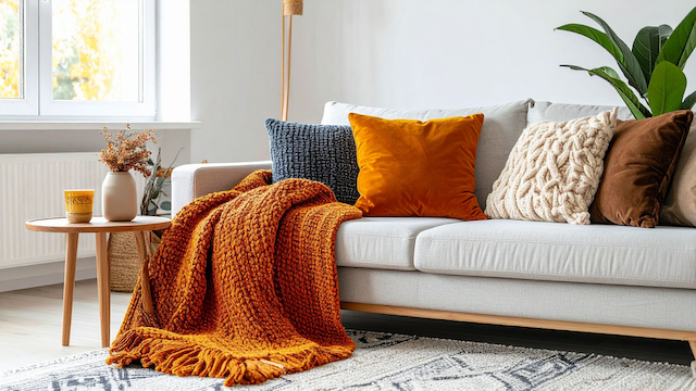 Orange throw and pillows on neutral sofa