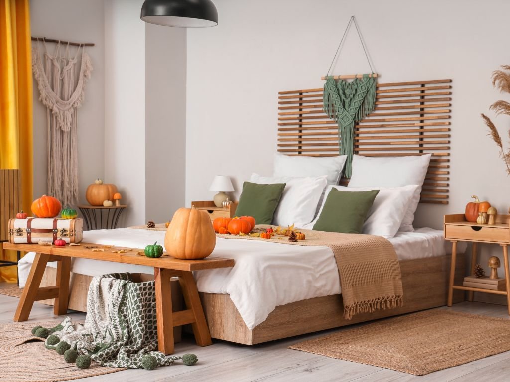 Neutral bedroom with fall pumpkins and earthy tones