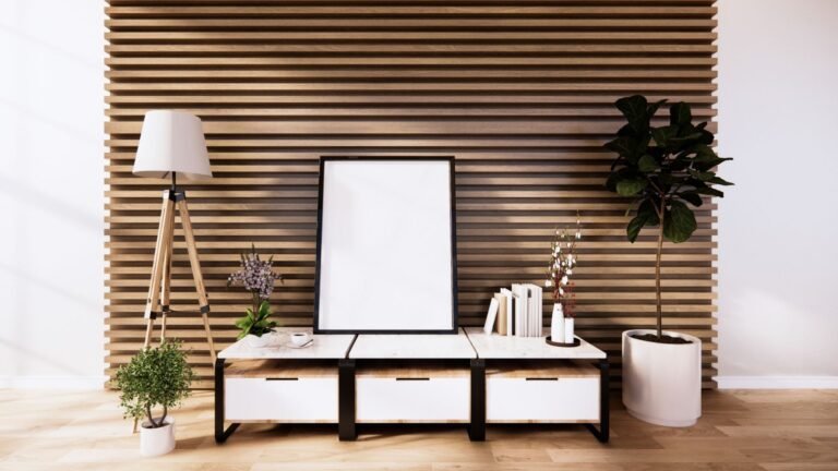 Minimalist living room with vertical wood slat accent wall and plants