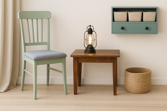Chair, table, and drawer organizer styled in neutral decor