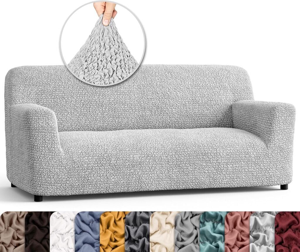 Stretch sofa slipcover in textured fabric