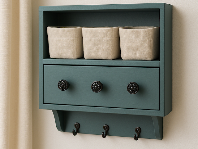 Green-painted upcycled drawer organizer with storage bins