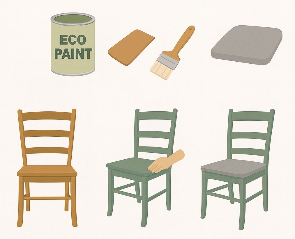 Step-by-step chair makeover with paint, brush, sandpaper, and cushion