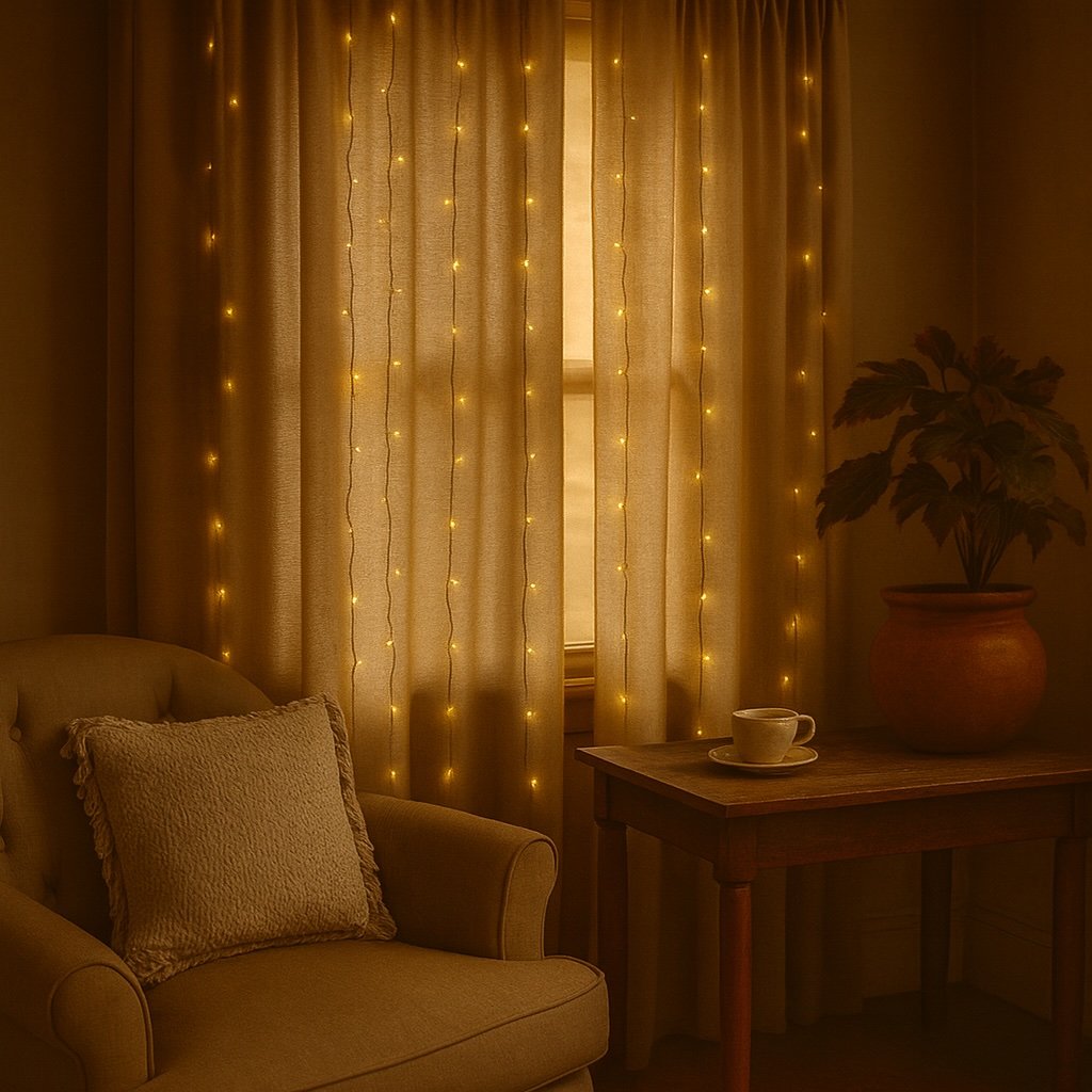 Warm beige curtains with fairy lights in a cozy reading nook