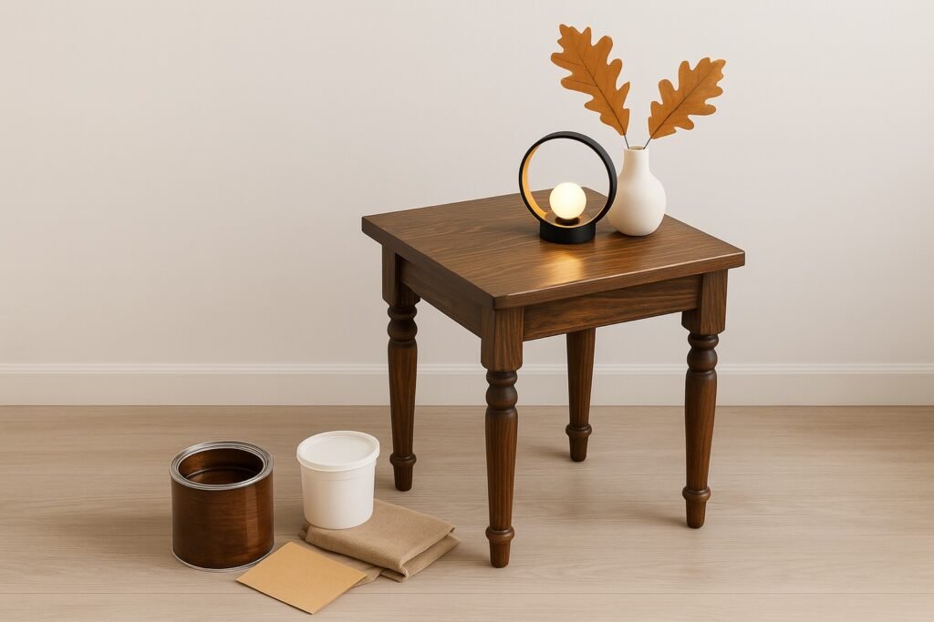 Wooden table restored with stain, lamp, vase, and tools