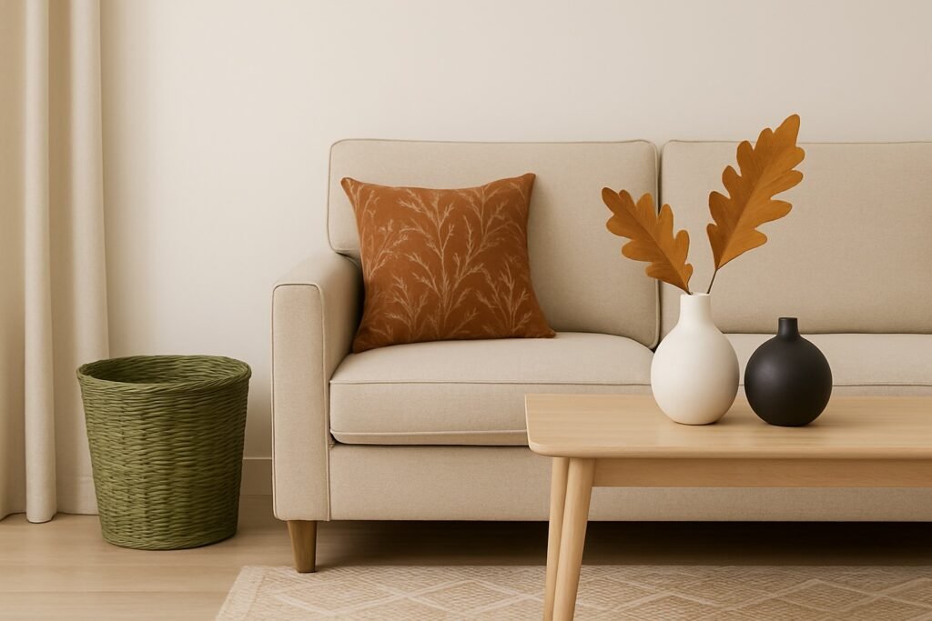 Wooden coffee table styled with vase and autumn leaves