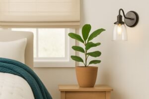 Bedroom with plant in clay pot, eco-blinds, and wall sconce
