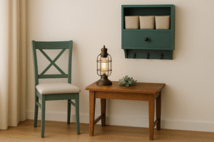 Upcycled chair, table, and drawer organizer in cozy corner