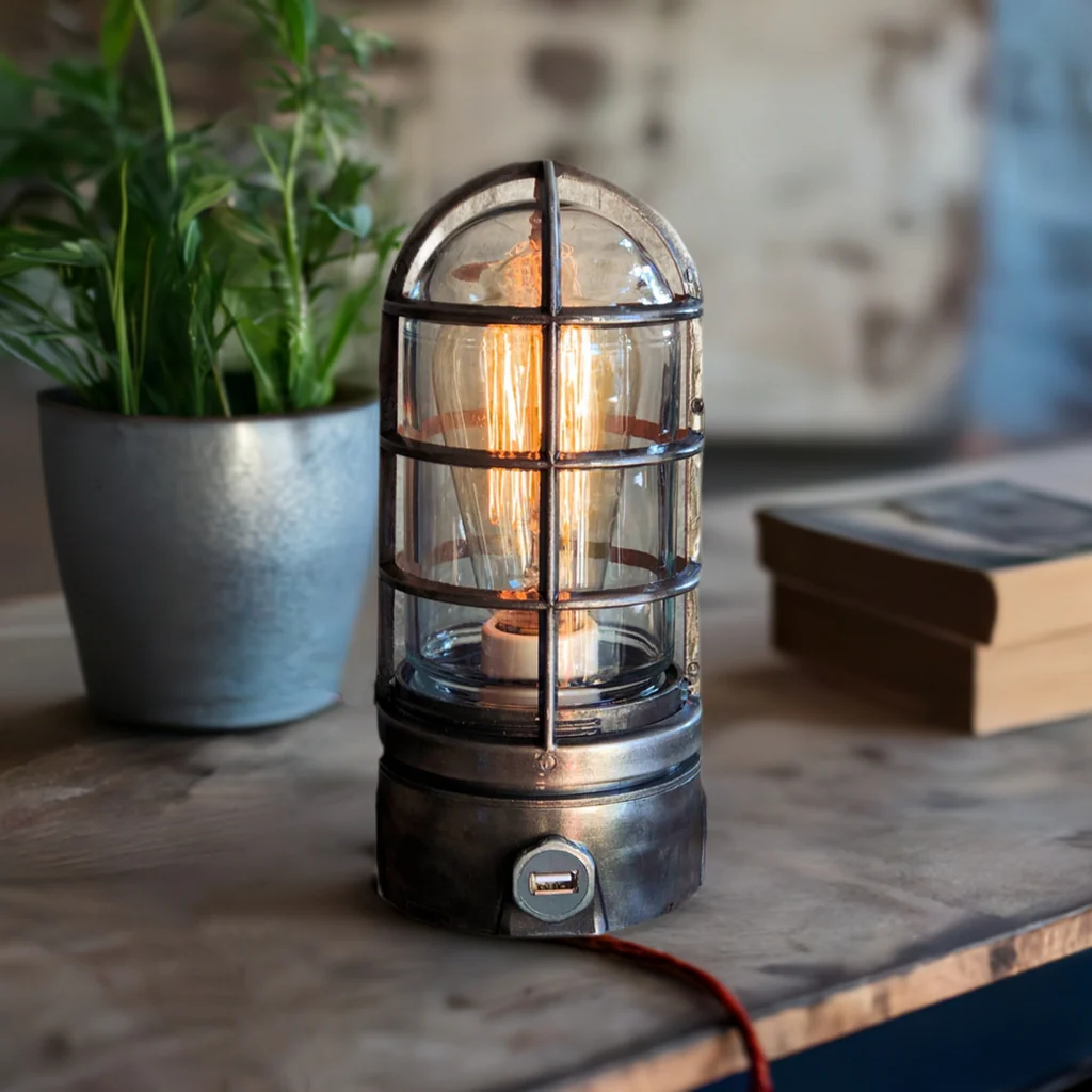 Industrial-style cage lamp with warm light