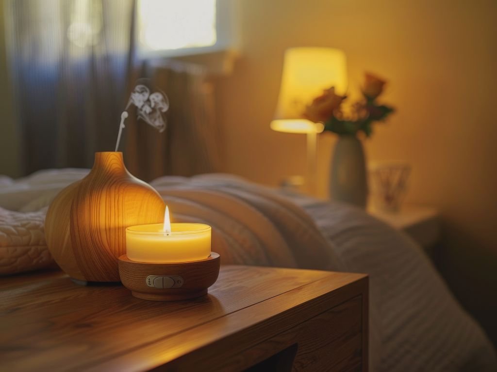 Glowing pumpkin candle on nightstand in fall decor.