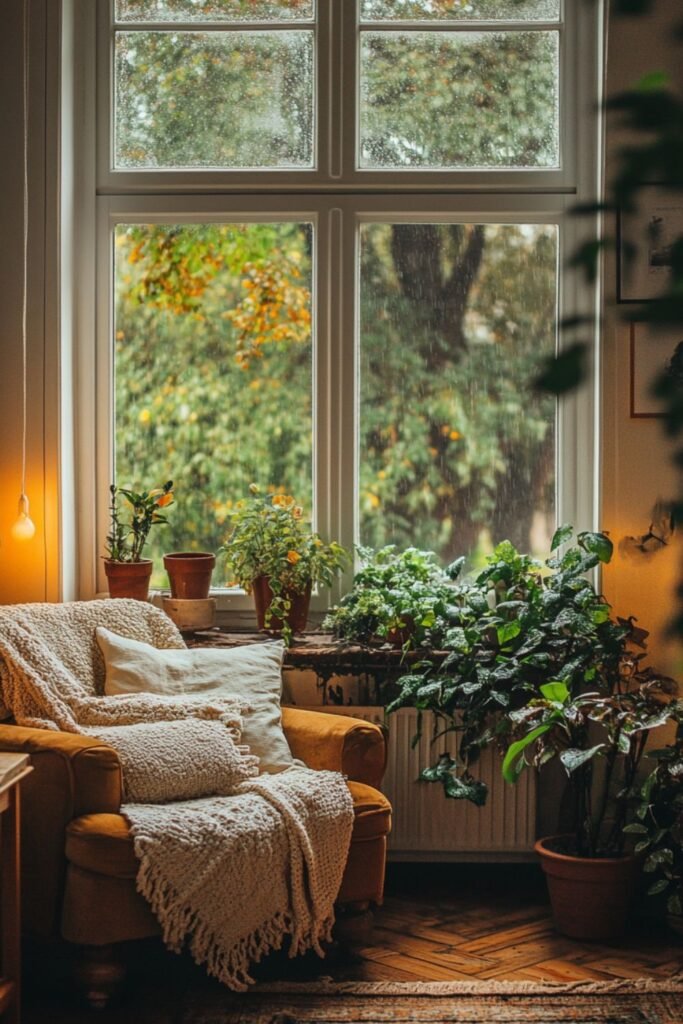 Living room corner with armchair, pillows, and warm lighting.