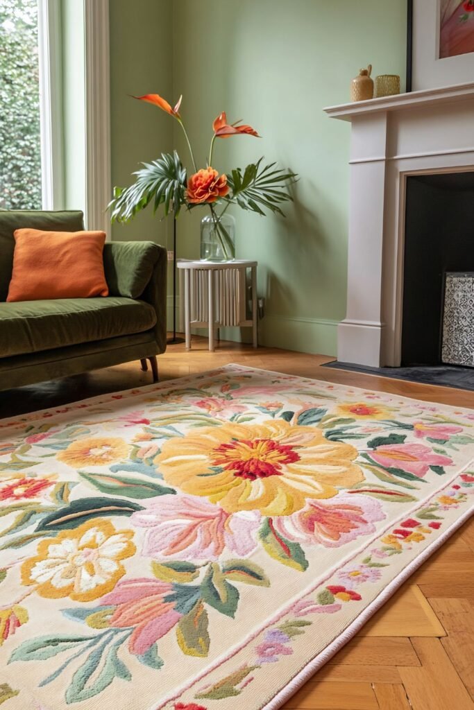 Bright living room with patterned fall rug