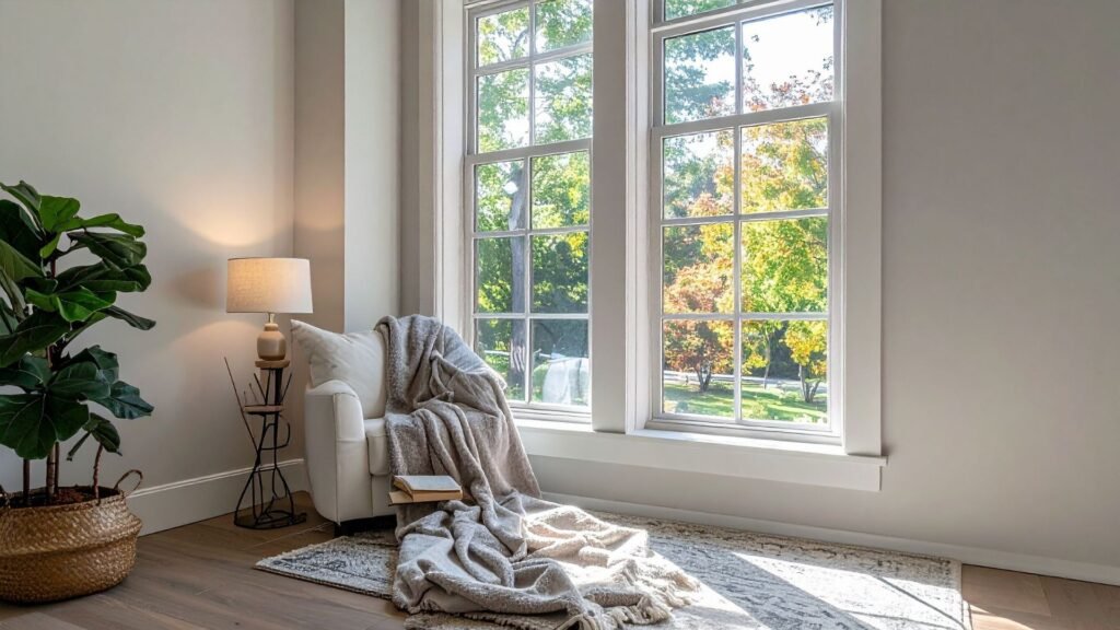 Minimalist window nook with chair, plant, and rug.