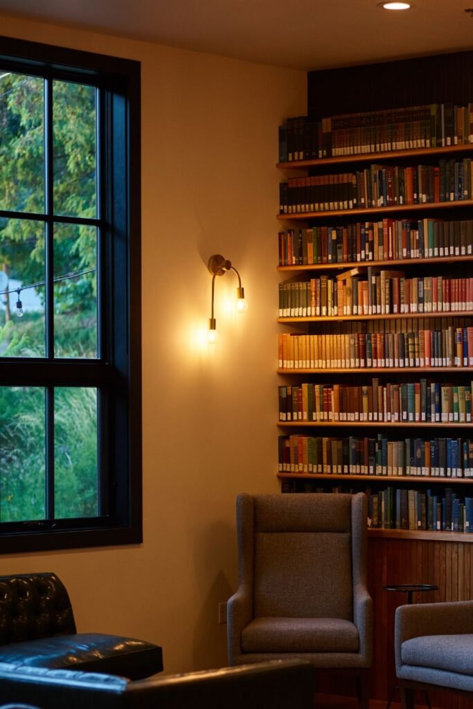 Cozy armchair beside tall bookshelves in warm lighting.