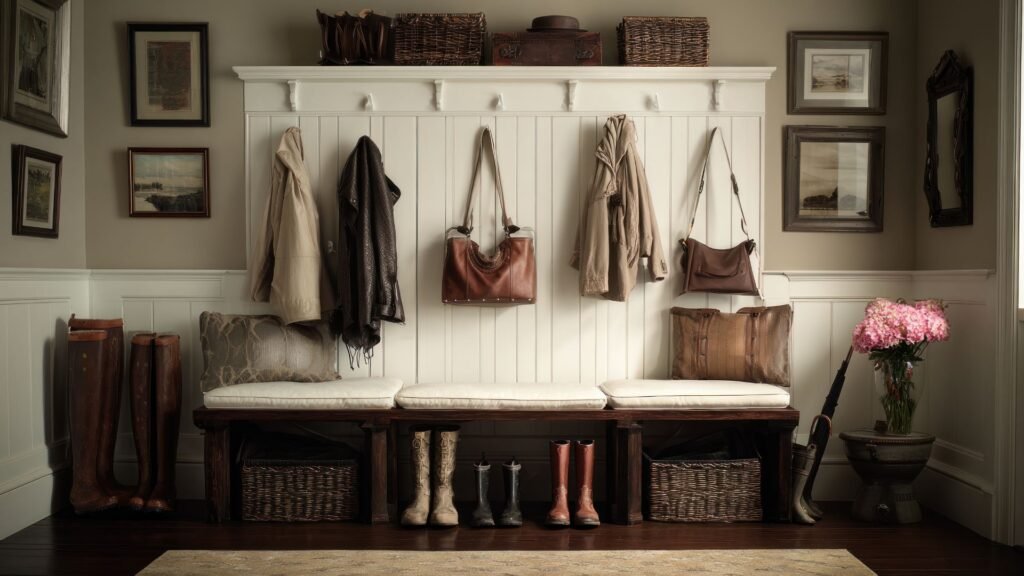 Entryway with coats and rustic decor