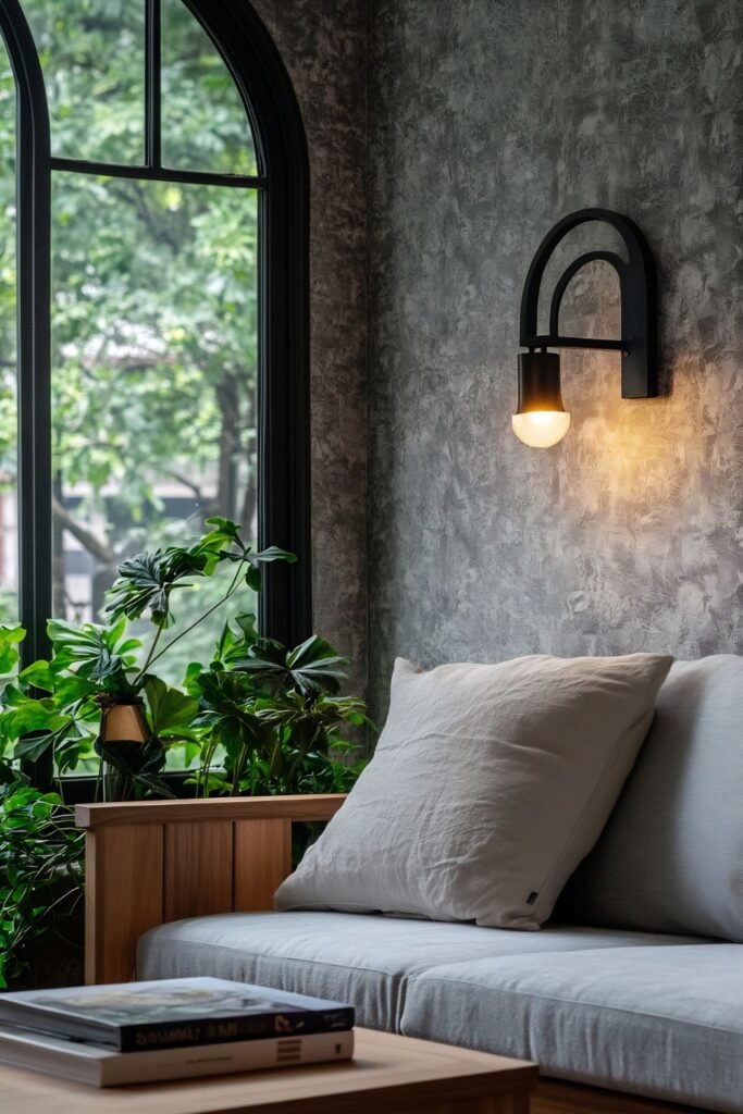 Stone wall nook with cushion, plant, and wall lamp.