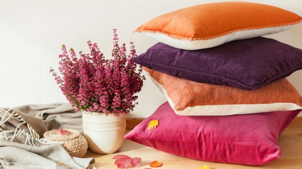 Stack of velvet pillows in fall colors