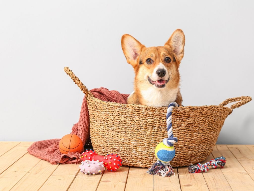 Dog in woven basket with blanket
