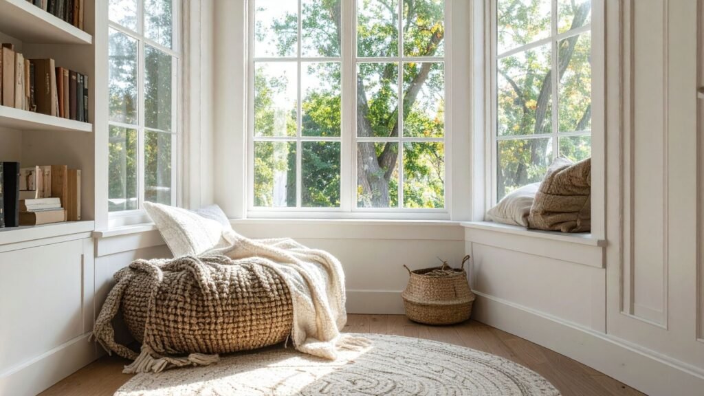 Window nook styled with bench seating and throw.