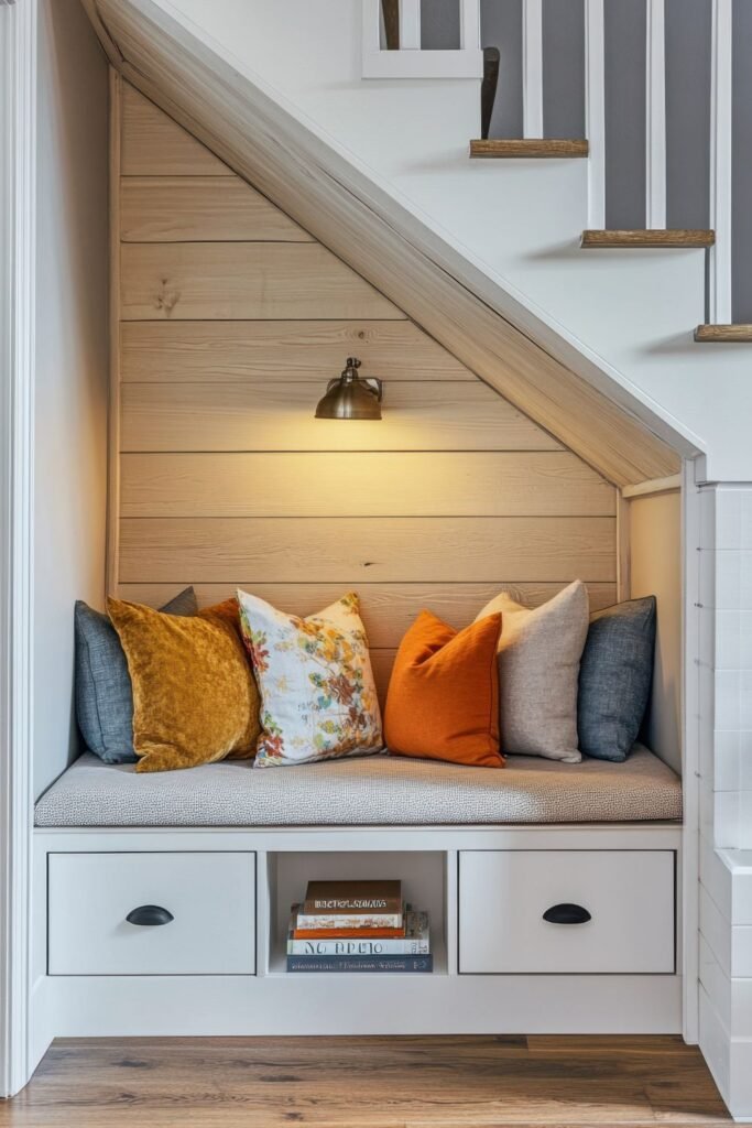 Built-in bench under staircase with pillows and storage drawers.