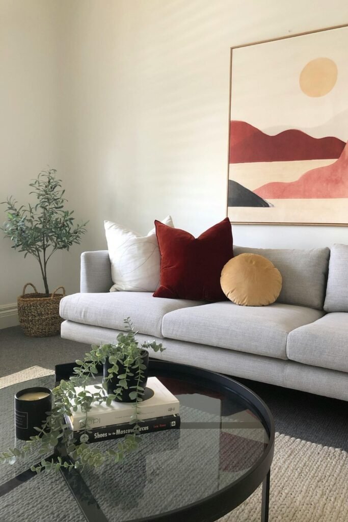 Sofa with autumnal textured pillows